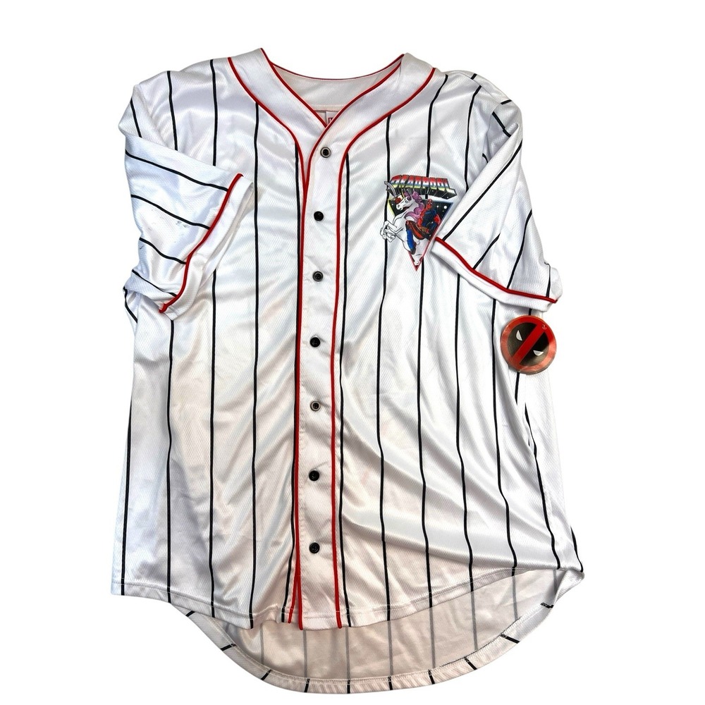 NEW Marvel Deadpool on Unicorn Baseball Jersey Pinstripe Style Men's‎ Large